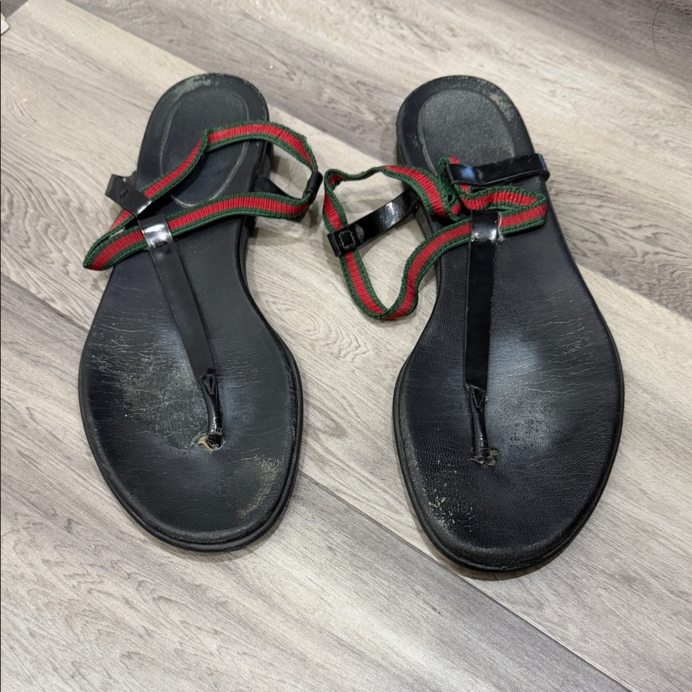 Gucci Black Sandals with Red and Green Accents